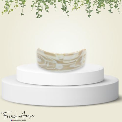 French Amie Broad Curved Oblong Ivory Cream Extra Wide Large Cellulose Acetate Automatic Volume Hair Clip Barrette with Golden Clasp for Women and Girls