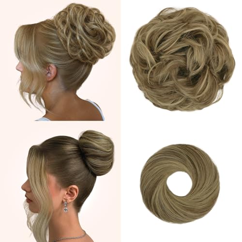 2PCS Messy Bun Hair Pieces Synthetic Hairpieces For Women | Messy Bun and Donut Bun in one set for natural-looking volume and elegant updos for every occasion. - color: Brown with Blonde Highlights