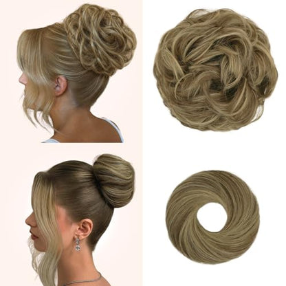 2PCS Messy Bun Hair Pieces Synthetic Hairpieces For Women | Messy Bun and Donut Bun in one set for natural-looking volume and elegant updos for every occasion. - color: Brown with Blonde Highlights