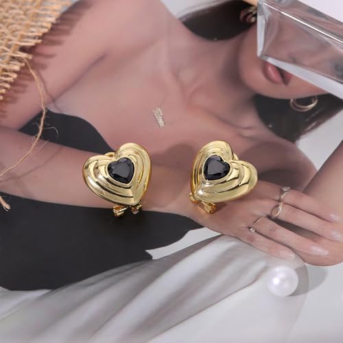 Chunky Gold Geometric Stud Earrings Trendy Vintage 14K Gold Plated Black Cubic Zirconia Statement Cocktail Earrings Dupes Jewelry for Women - style: Black Heart