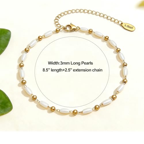 Waterproof Anklet 18K Gold/Sterlings Silver Plated Stainless Steel Ankle Bracelets for Women Figaro Pearls Chain Summer Beach Foot Jewelry 8.5+2Inches - color: Pearl with beaded,Gold