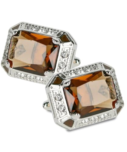 Big Rectangular Colored Crystal Cuff Links for Men – Tuxedo Suit Accessories, Cufflinks for Men - style: Brown/Silver