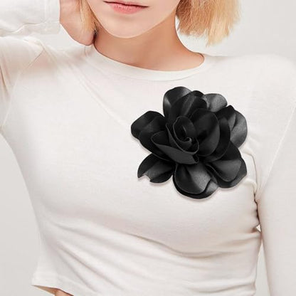 2Pack 6inch Extra Large Satin Brooches Lapel Pins Dainty Elegant Fabric Camellia Rose Flower Brooch Pin for Women Wedding Part Dance Clothes Accessories Jewelry - color: Black