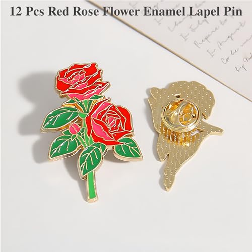 12 Pcs Red Rose Flower Enamel Lapel Pin, 1.5 inch Metal Badge Brooch for Women Men Clothes Bags Hats - style: Red Rose