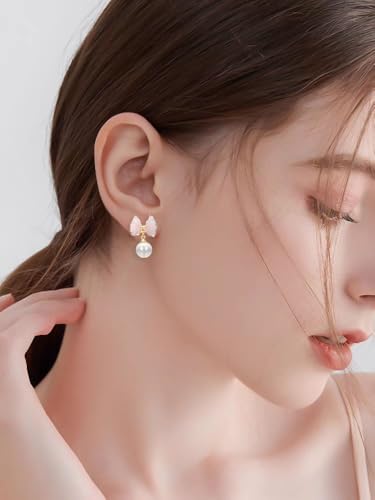 Yoursfs Clip On Pearl Butterfly Earrings for Women Bow Pearl Dangle Earrings Rhinestone Gold Dangle Earrings 18K Gold Plated Jewelry