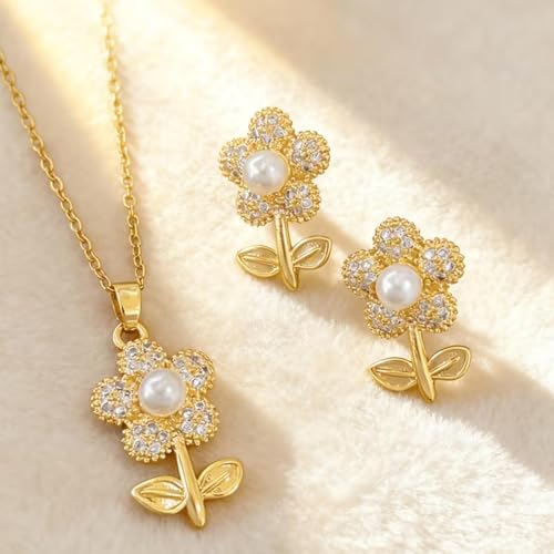 Wedding Jewelry Sets for Brides Bridesmaid Pearl Jewelry Set Fancy Gold Flower Necklace and Earrings Simple Pearl Necklace for Women Bridal Earrings Wedding Accessories Essentials Gifts - color: B1:2pcs flower jewelry set
