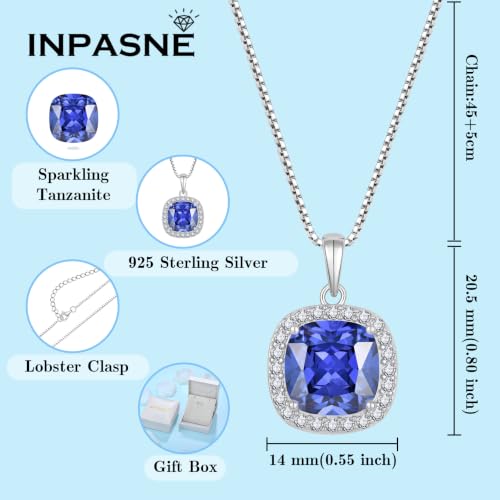 Birthstone Necklace for Women 925 Sterling Silver Princess Cut Halo Necklace Pendant Jewelry for Mom Wife - color: Navy Blue