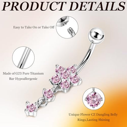 14G G23 Titanium Dangle Belly Button Ring for Women Flower CZ Dangling Belly Rings Cute Dainty Dangly Navel Ring Belly Piercing Jewelry - color: Pink