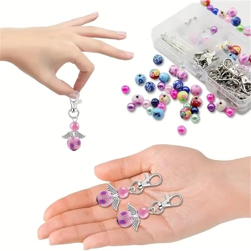 Metacipher 180Pcs DIY Angel Keychain Making Kit with Beads & Pliers | Angel Wing Spacers,Floral Beads,Lobster Clasps,DIY Bag Charm,Gifts, Jewelry Making Supplies,Crafts, for Women Adults - color: Flowers Beads