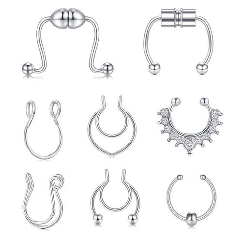 Fake Nose Ring Hoop Double Fake Septum Rings Fake Nose Piercing Clip on Earring Hoops Faux Nose Rings Lip Ring - color: A11-Fake septum-silver