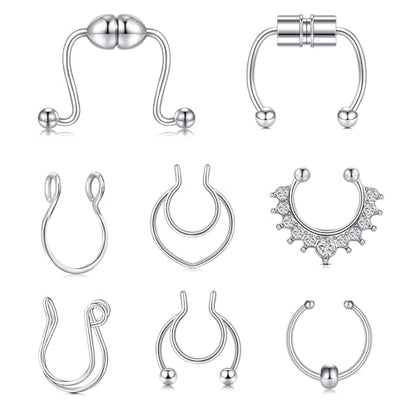 Fake Nose Ring Hoop Double Fake Septum Rings Fake Nose Piercing Clip on Earring Hoops Faux Nose Rings Lip Ring - color: A11-Fake septum-silver