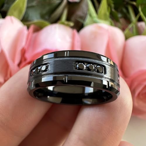 TUTISS 8mm Silver/Black Tungsten Rings for Men Women Promise Engagement Eternity Wedding Bands Black Cubic Zircon Stone Inlay All Around Matte Finish Comfort Fit - color: 8mm Black Tungsten