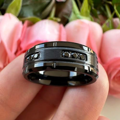 TUTISS 8mm Silver/Black Tungsten Rings for Men Women Promise Engagement Eternity Wedding Bands Black Cubic Zircon Stone Inlay All Around Matte Finish Comfort Fit - color: 8mm Black Tungsten