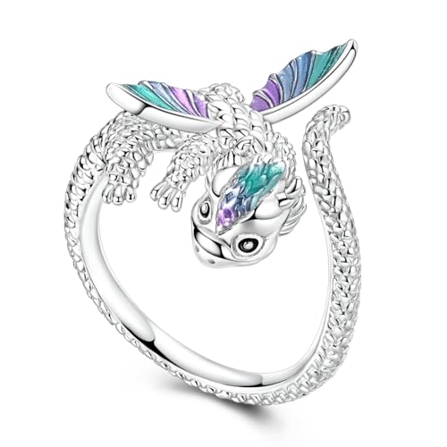 Hapour Adjustable Dinosaur Rings for Women S925 Sterling Silver Stackable Open Eternity Band Wing Dino Rings - color: B