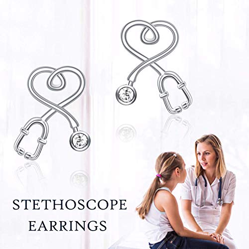 Stethoscope Earrings 925 Sterling Silver Heart Studs Earrings 12 Months Birthstone Crystals from Austria, Graduation Jewelry Gifts for Nurse Doctor RN Medical Student - color: Simulated Diamond