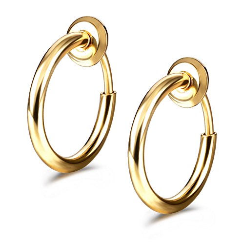 JewelrieShop Retractable Earrings Fake Hoop Fake Nose Ring Non Pierced Earrings Fake Cartilage Piercing Clip On Nose Ring Septum Ring for Women (1 Pair, Black/Silver/Gold/White) - color: #02. Gold Tone x 1 Pair
