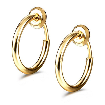 JewelrieShop Retractable Earrings Fake Hoop Fake Nose Ring Non Pierced Earrings Fake Cartilage Piercing Clip On Nose Ring Septum Ring for Women (1 Pair, Black/Silver/Gold/White) - color: #02. Gold Tone x 1 Pair