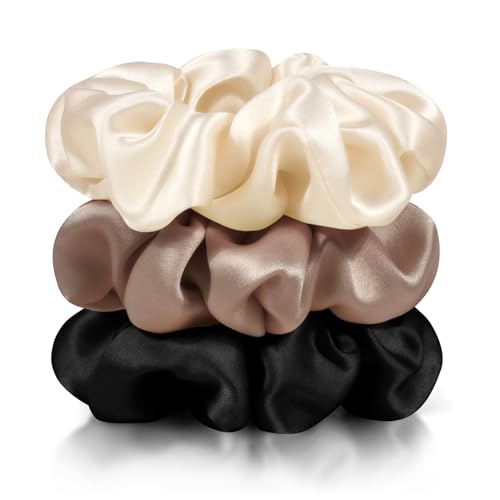 Zenssia Silk Scrunchies for Hair, Mulberry Silk Hair Ties for Women and Girls, No Damage Elastic Ponytail Holders（Black, Champagne, Coffee） - color: Black Champagne Coffee