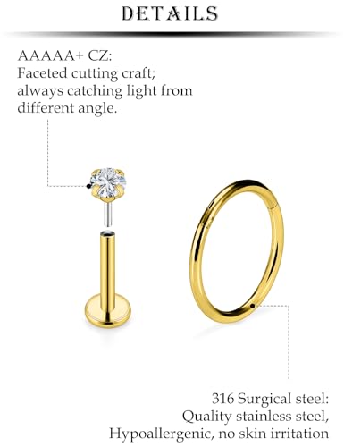 16G Lip Labret Medusa Rings Studs Internally Threaded 316L Surgical Steel Snake Bite Lip Rings Flat Back Catilage Tragus Helix Daith Earrings Piercings Jewelry for Women Men 8mm - color: 16G-6mm 8mm 10mm Bars + Hinged Clicker Ring + Gold