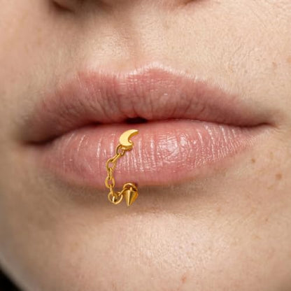 3 Pcs 316L Stainless Steel 16G Tragus Helix Rook Piercing Jewelry with Chain, Cartilage Earrings for Women, Belly Button Ring Vertical Labret Lip Piercing Jewelry - color: Gold, size: Moon