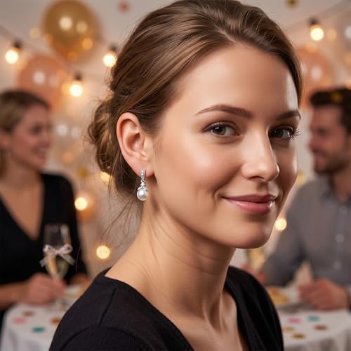 Mariell Pearl Drop Bridal Necklace Earrings Set with CZ Crystals for Bride, Bridesmaid, Birthday Gift - color: Silver Earring Only