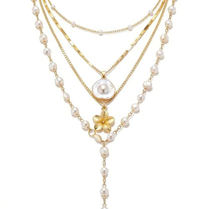Gold-plating Necklaces for Women, Pearl Seashell Flower Pendant Necklace, Boho Lariat Long Necklace Set, Trendy Summer Beach Jewelry - color: Gold 1