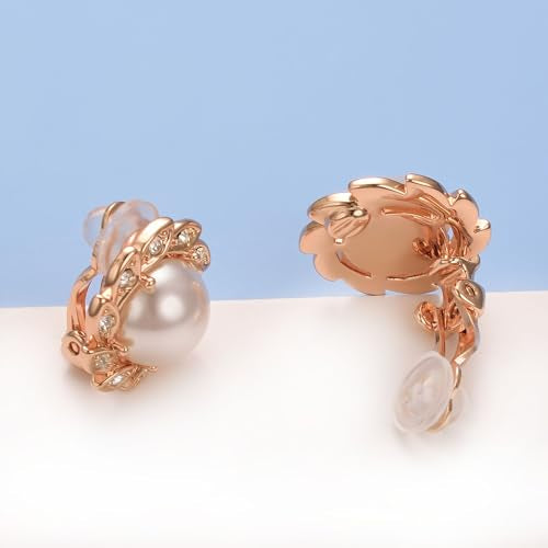 Vintage Pearl Clip On Earrings for Women Silver Rhinestone Earrings | Non Pierced Earrings 18K Rose Gold Plated Large White Pearl Earring Wedding Jewelry