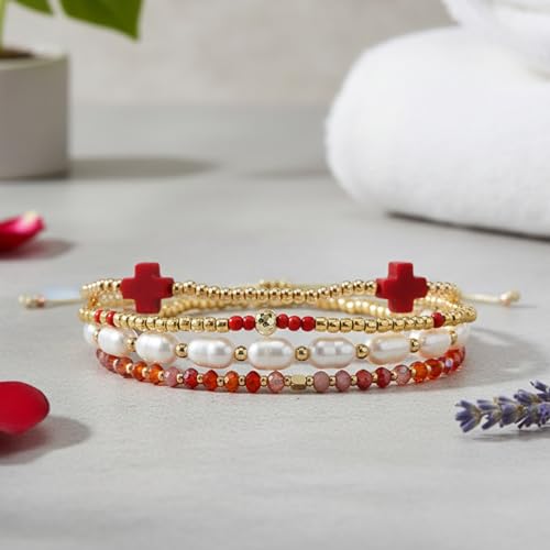 5Pcs Stack Gold Plated Ball Beaded Bracelets Set for Women, Boho Handmade Colorful Glass Pearl Stretch Accessories Jewelry, Summer Beach Daily Wear Holiday Friendship Gift - color: Red Cross