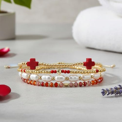 5Pcs Stack Gold Plated Ball Beaded Bracelets Set for Women, Boho Handmade Colorful Glass Pearl Stretch Accessories Jewelry, Summer Beach Daily Wear Holiday Friendship Gift - color: Red Cross