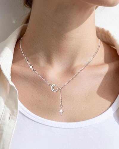 White Gold Matte Moon Star Tassel Y-Necklace Adjustable Pendant Necklace for Women Celestial Jewelry Gift for Her