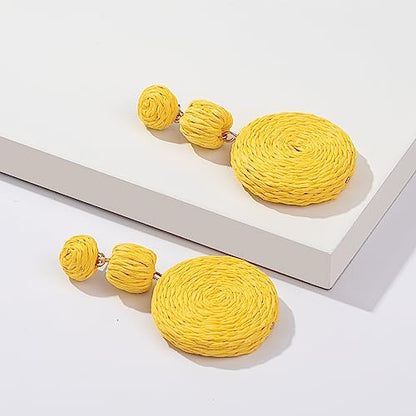 Statement Raffia Boho Round Dangle Ball Earrings - Cute Handmade Summer Bohemian Dangling Jewelry for Women - color: Yellow