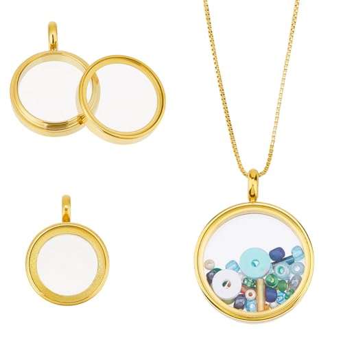 DICOSMETIC 3Pcs 3 Sizes Round Locket Pendant Stainless Steel Memory Locket Charms Clear Picture Frame Charm Floating Charm Glass Living Bouquet Charms for Women Men Necklace - color: Real 18K Gold Plated