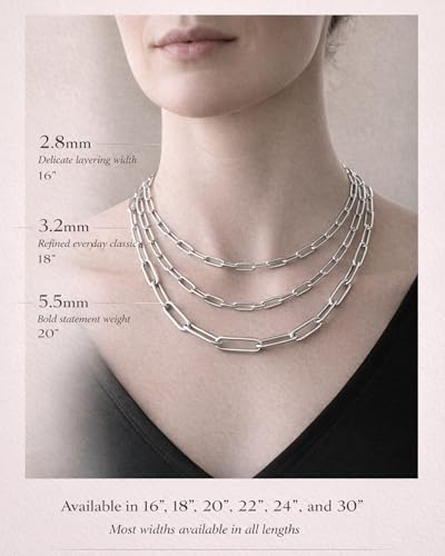 Paperclip Chain Necklace for Women | Sterling Silver or 14K Gold Plated | 2.8mm 3.2mm 5.5mm | 16–30 Inch Italian Link Layering Chain - color: Sterling Silver – 3.2mm