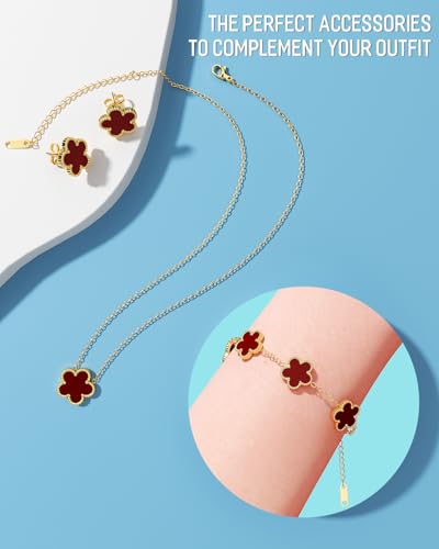 AICase Clover Jewelry Set,18K Gold Plated Lucky Clover Bracelet,Four Leaf Clover Necklace and Clover Earrings Fashion Jewelry Sets Gifts for Women/Mon - color: Red