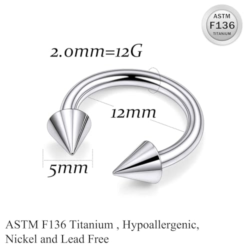 20G 18G 16G 14G 12G Horseshoe Nose Ring Titanium Septum Rings Piercing Jewelry Cartilage Conch Helix Rook Lip Tragus Earring Hoop Eyebrow Retainer For Women Men 6mm 8mm 10mm 12mm 14mm 16mm 19mm - size: Spike: 12G - 12MM