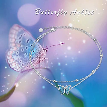 925 Sterling Silver Cat Butterfly Anklets Double Layered Chain for Birthday Women Ankle Bracelet Summer Beach Dainty Jewelry - style: A-Butterfly Anklet