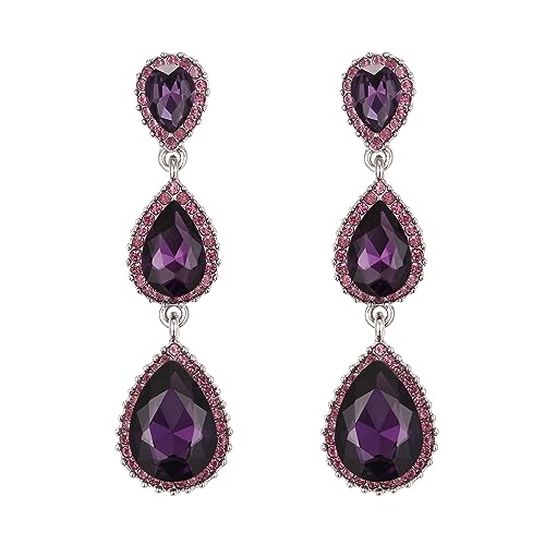 EleQueen Women's Crystal Teardrop Pear Shape 2.5 Inch Long Earrings | Dangle Earrings for Women, TearDrop Crystals Earrings for Bride Bridesmaid, Prom Jewelry for Wedding - color: Full Purple Silver-Tone