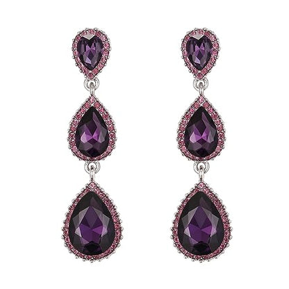 EleQueen Women's Crystal Teardrop Pear Shape 2.5 Inch Long Earrings | Dangle Earrings for Women, TearDrop Crystals Earrings for Bride Bridesmaid, Prom Jewelry for Wedding - color: Full Purple Silver-Tone