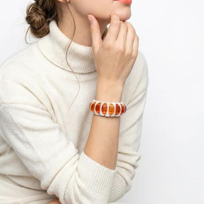 GOOJIDS Simple Beaded Gold Plated Bangles Bracelet Chunky Bamboo Tube Curved Stacking Clear Acrylic Colorful Beads Stretchable Gold Plated Bracelets Set For Women - color: C-White Sunflower Bracelet