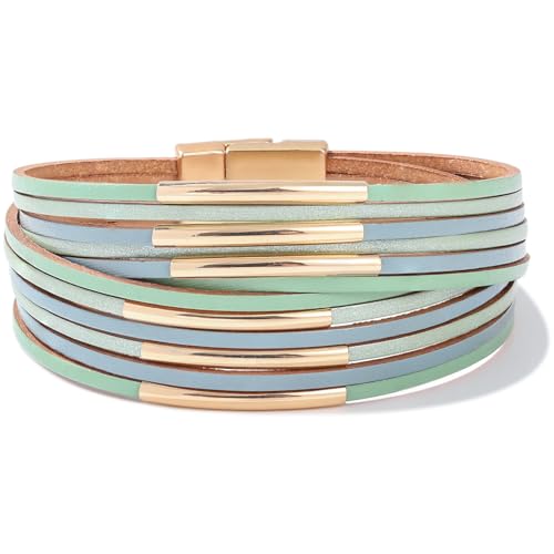 Gold Tube Leather Wrap Bracelets Boho Chunky Stackable Layered Western Cuff | Stacked Bohemian Cool Magnetic Clasp Bangles Statement Cowgirl Hippie Country Festival Accessories for Women Trendy - color: Mint