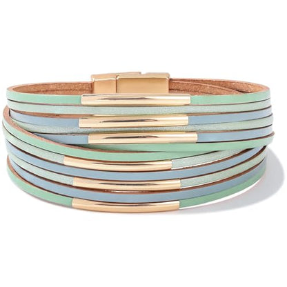 Gold Tube Leather Wrap Bracelets Boho Chunky Stackable Layered Western Cuff | Stacked Bohemian Cool Magnetic Clasp Bangles Statement Cowgirl Hippie Country Festival Accessories for Women Trendy - color: Mint