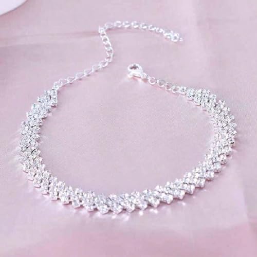 Fesciory Heart Rhinestone Ankle Bracelets for Women, Adjustable Silver Plated Shiny Tennis Anklets, Twinkle Cubic Zircon Imitation Diamond Anklet Foot Chain Jewelry Gifts - color: Thick Rhinestone