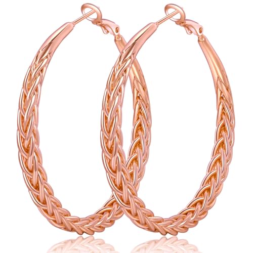 Senteria 925 Sterling Silver Post Twisted Hoop Earrings for Women 30-50MM | Hypoallergenic Large Silver Hoop Earrings for Women,Lightweight Thick Weave Braid Hoops,Nickel Lead-Free for Sensitive Ears - color: 50mm rose gold