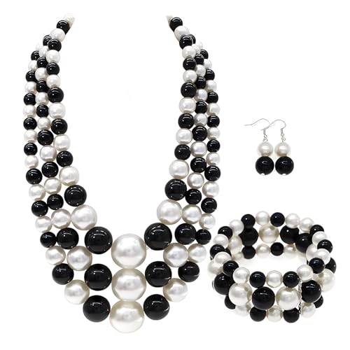 We We Imitation Pearl Necklace for Women Large Chunky Pearl Necklaces Multilayer Pearl Necklace and Earring 1920s Costume Jewelry set - color: Black white pearl necklace set