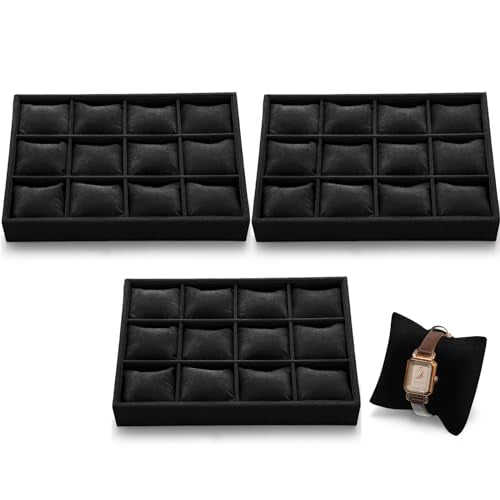 Sureio 36 Slots Grid Watch Drawer Organizer Bracelet Pillows for Jewelry Display Watch Tray Holder for Women Girls Gifts(Black)