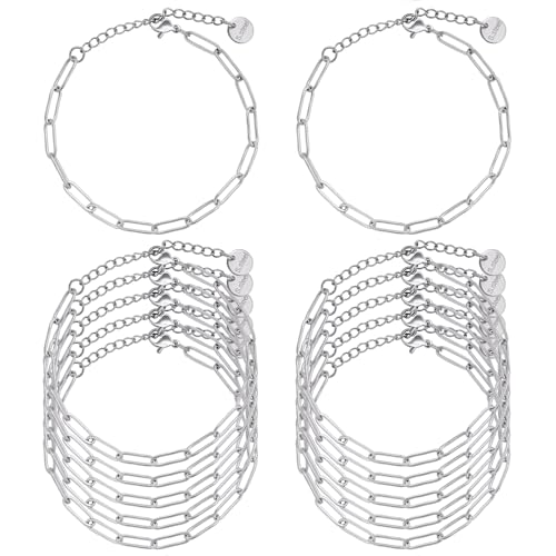 UMAOKANG 12PCS 6.5Inch Stainless Steel Paperclip Chain Bracelets Bulk | Silver Bracelet Set Women and Men DIY Jewelry Making Classic Paper Clip Hand Chains - color: 12pcs Steel