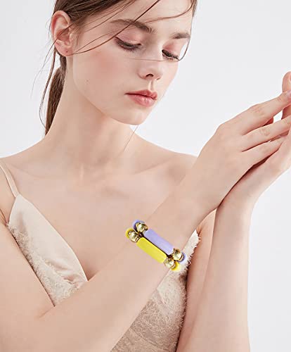 LALAPPLE Gold Plated Beaded Acrylic Bamboo Tube Bangle Bracelets for Women, Colorful Chunky Curved Tube With Gold Plated Pieces Beads Stretch Bracelet Friendship Summer Beach Jewelry - color: V-Yellow&Light purple 2pcs