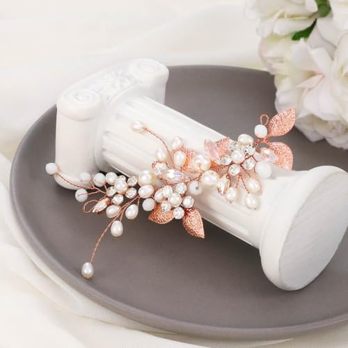 GORAIS Bride Wedding Hair Vine Pearl Bridal Headpieces Leaf Hair Accessories for Women and Girls(b-rose gold) - color: b-rose gold
