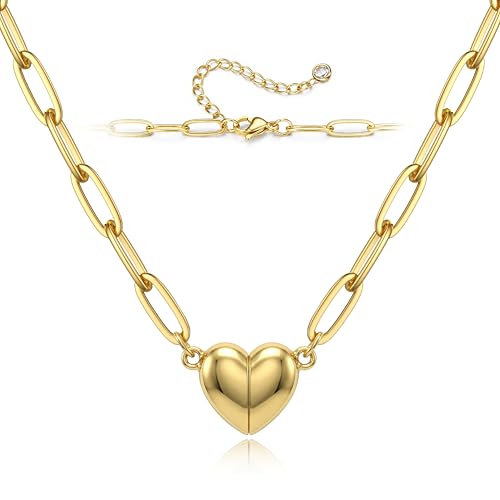 Magnetic Heart Necklaces for Women : 14K Gold Plated 316L Surgical Stainless Steel Heart Necklace Dainty Adjustable Paperclip Chain Pendant Necklace Jewelry Gifts Trendy Non Tarnish - color: Gold