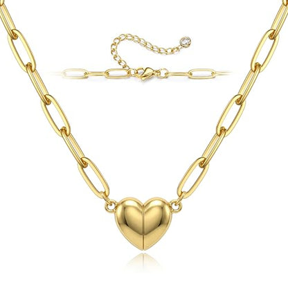 Magnetic Heart Necklaces for Women : 14K Gold Plated 316L Surgical Stainless Steel Heart Necklace Dainty Adjustable Paperclip Chain Pendant Necklace Jewelry Gifts Trendy Non Tarnish - color: Gold